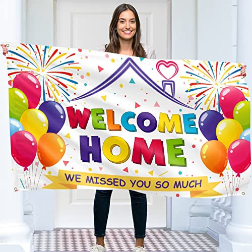 Willkommen Zuhause Banner 150 x 90 cm – Herzlich Willkommen Girlande – Willkommen Zurück Deko – Lebendiger Digitaldruck – 110 Den Polyester – Doppelnaht (Weiß)