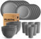 Teivio 24-Piece Kitchen Plastic Dinner Set, Service for 6, Dinner Plates, Dessert Plates, Cereal Bowls, Cups, Unbreakable Plastic Plates and Bowls Set, Outdoor Camping Dishes, Grey