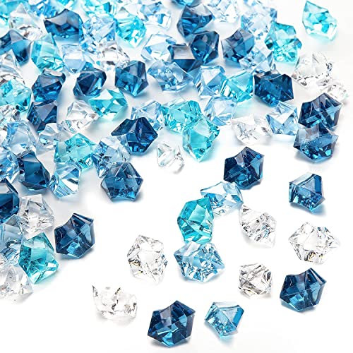 MUYAPAY 150 Stück falsche Crushed Ice Rocks,Acryl Diamanten Deko Eiswürfel Acryl Kristallsteine Klar Farbige Steine Diamant Kristall Edelsteine für Vasenfüllung, Hochzeitsdeko(blau/transparent)