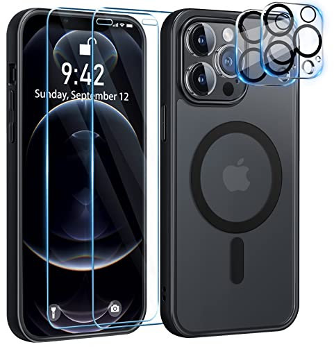 YisrLery 5-in-1 iPhone 12 Pro MAX Hülle für MagSafe mit 2 Stück Panzerfolie und 2 Stück Kameraschutz Militärnorm Schutz, PC Kratzresistente Rückseite Stoßfest TPU Bumper Magnetische Hülle 6.7''