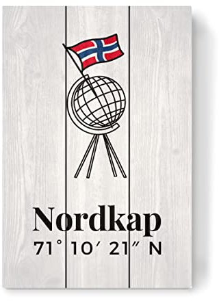 artboxONE Holzbild 45x30 cm Typografie Nordkap Norwegen Globus Flagge von Künstler JulimaltdieWelt