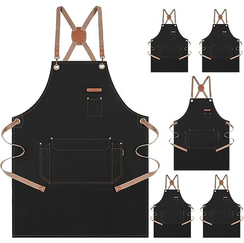 Genixart Chef Apron Men Women, Kitchen Aprons Cooking, BBQ - Black, 6 Pack