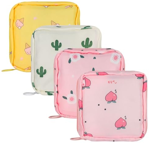 Heyu-Lotus 4 Pcs Sanitary Pad Storage Bag, Sanitary Pad Bags, Portable Period Bag with Zipper for Female Girls