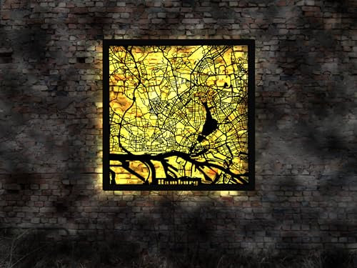 Skyline Hamburg LED Wandbild Holz Stadt AK Karte Map Stadtplan Wandsticker Leuchtbild