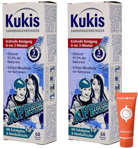 Kukident Kukis Zahnspangen-Reiniger, 2x 60 St. I Reinigungstabletten für Zahnspangen I schnelle Reinigung I Eukalyptus- & Mentholfrische I Spar-Set plus Pharma Perle give-away