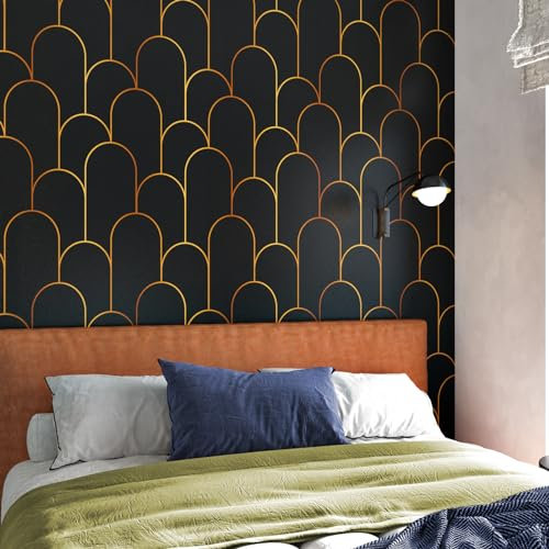Yullpaper Papier Peint Noir et Or Rouleau Adhesif Pour Meuble Motif Géométrique Papier Peint Autocollant Mural Salon Chambre Revetement Adhesif Meuble Adhesif Mural Decoratif Noir et Or 44,5cm x 300cm