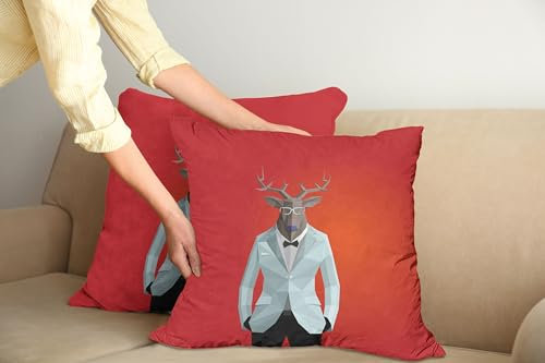 ABAKUHAUS Hirsch Kissenbezug 2er-Pack, Elch-Tier als Person trägt einen Anzug und Brille polygonaler Figur, Kissenhülle mit Reißverschluss Beidseitiger Druck, 45 x 45 cm, Vermilion und Mehrfarbig
