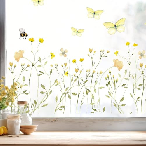 Wandtattoo Loft Fensterbilder Frühling mit gelber Wildblumenwiese Motiv – A4 Bogen, Wiederverwendbar – Frühlingsdeko Fenster, Frühlingsbild Fenster, Fensterdeko Frühling, Fensterfolie Frühling