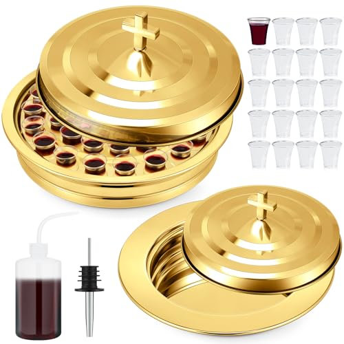 Zhehao Communion Set Holy Trays for Churches with Lid Communion Plates with Lid Churches Cups Filler and Disposable Cups Supplies(2 Pcs,Gold)