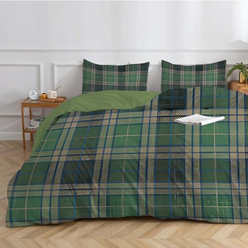 Parure de Lit 90x190 Enfant Vert Foncé Housse de Couette 1 Personne Imprimée à Carreaux Housse Couette en Microfibre et Taie d'oreiller avec Fermeture Éclair - 135x200cm