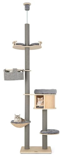 COSTWAY Kratzbaum deckenhoch, 255-280 cm, von Boden bis Decke, 6-stöckiger Katzenbaum, Katzenkratzbaum hoch, Kletterbaum mit Katzenhöhle & Hängematte & Korb & Plattform, Katzen Katzenmöbel Holz, Grau
