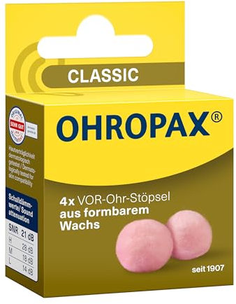 OHROPAX Classic Ohrstöpsel – VOR-Ohr-Stöpsel zum Schutz vor Lärm, Nässe und Wind – aus formbarem, anschmiegsamen Wachs – bequem und für alle Ohren geeignet – Schalldämmwert SNR 21 dB – 4 Stück