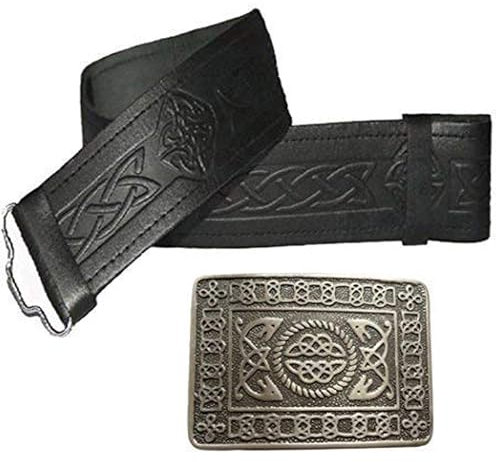Tartancity Kilt-Gürtel aus echtem Rindsleder, verstellbare Schnallen im keltischen Design, schottische Gürtel und Schnallen, geprägter Ledergürtel, Schwarz , Size 42 - 48 inches