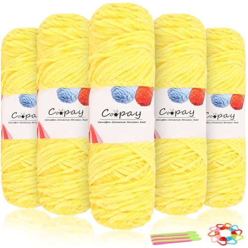 Coopay Samt Chenille Wolle zum Häkeln, 500g (5x100g) Velvet Chenillegarn, Dicke Wolle zum Stricken, Flauschige Weiche Samtig Chenillewolle mit Häkelzubehör für Schals, Decken - Warmes Gelb