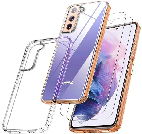 RKINC Hülle für Samsung Galaxy S21 5G, Nie Vergilbung Handyhülle Militärnorm Stoßfest Anti-Kratzt, 1 Schutzhülle mit 2 Stück Panzerglas Panzer Schutz Glas Transparent