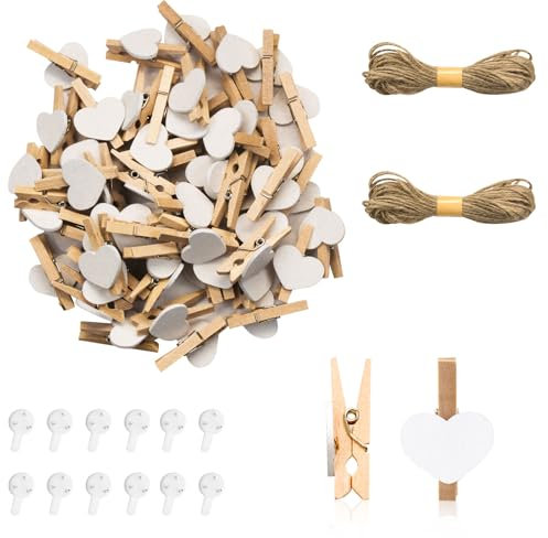 Andiker Mini Holzklammern, Natürliche Holz Wäscheklammern mit 10 m Jute-Schnur Non-Trace-Hängehaken, Dekorative Stifte für Hochzeitsfeier, Fotohalter, Kartendekoration Kunsthandwerk (100 Stück Weiß)