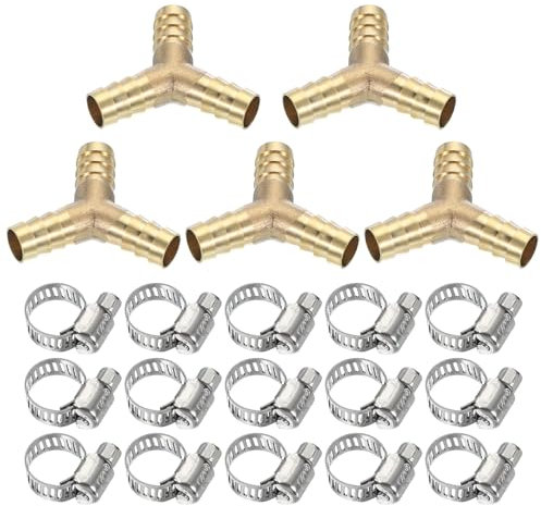 PATIKIL 1/2 Brass Hose Barb Fitting,1 Set Y Type Barb Union Fittings Metals Splicer Mender Connector Barbed Adapter Air Hose Repair Kit with Hose Clamp for Water Oil Fuel Gas