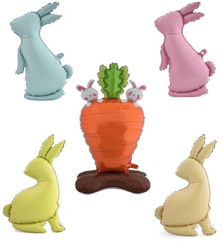 Nine San 5Stück 3D Hase Folienballon Ostern Luftballons Stehend Hasen Karotte Ballon Easter Hasenluftballon Osterdeko Party