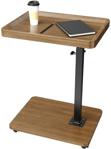 Lnopever Adjustable Side Table C Shaped Side Table with Wheels & 360° Swivel Tray, Swivel Side Tables for Living Room, Swivel Sofa Table C Table for Small Spaces & Bedroom (Walnut)