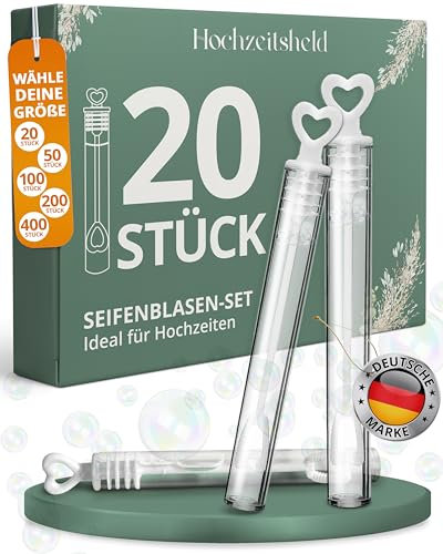 HOCHZEITSHELD Mini Seifenblasen Hochzeit 20 Stück - Hochzeits-Seifenblasen für den Spailer-Hochzeit & Standesamt - Kinderbeschäftigung-Hochzeit - Hochzeitsdeko Tisch mittel Hochzeitsseifenblasen