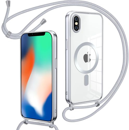 Oelrstfe Magnetische handyband mit Band für iPhone XS/X Hülle - Necklace HandyHülle Transparente zum Umhängen mit justierbarer und Abnehmbarer Kette, Crossbody Magnet Clear Cover-Silber
