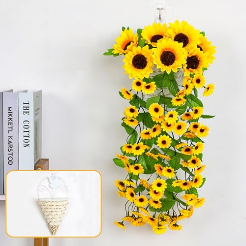 Lxoraziy Guirlande de Tournesol Artificielle avec Panier Triangulaire, 88 Fleurs, 66 cm, Plante Artificielle Tombante pour Décoration Intérieure et Extérieure