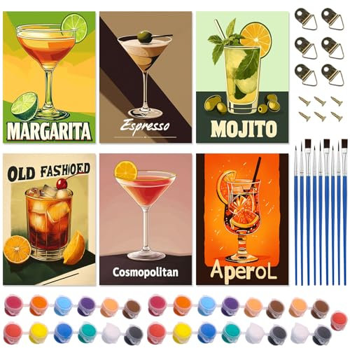 DAZZTIME Peinture par Numero Adulte,6 Pièces Peinture à L'huile Sur Toile 20X30cm,Peinture par Numéro de Cocktail,pour Décoration D'intérieur,avec Pinceaux et Peintures Acryliques