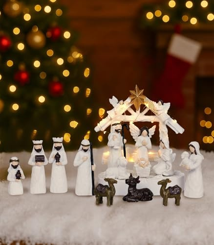 NNBDBVDHS Juego de 14 belenes con luz LED, establo de belén para Navidad, figura de resina en miniatura, decoración para mesa, vacaciones, decoración del hogar, regalos religiosos de Jesús