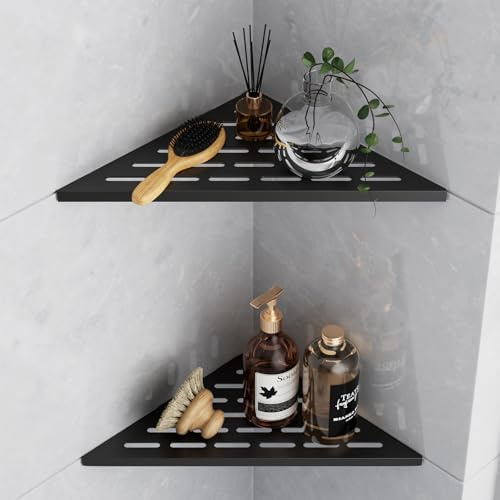 KEOKBON Eck-Duschregal Schwarz 304 Edelstahl Versenktes Eckregal 254 mm, Wandregal für Geflieste Wände Dreieckiges Regal für Badezimmer-Aufbewahrung ohne Bohren，2 Stück