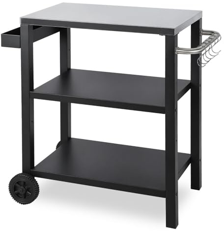 Jaxguom Grillwagen Höhenverstellbar Outdoor, Grilltisch mit Griff & Gewürzregal, 3 Ablagen, 6 Haken, Servierwagen auf Rädern, Edelstahl-Tischplatte Für Garten Grill Camping