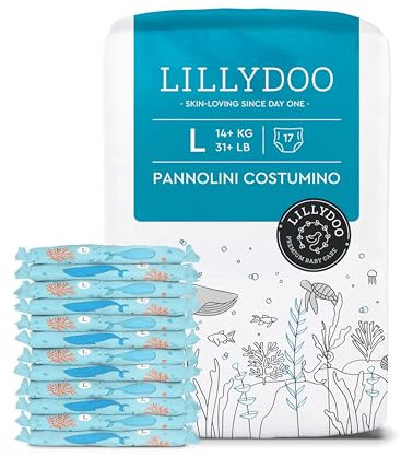 LILLYDOO hautfreundliche Einweg-Schwimmwindeln für Babys, Größe L (14+ kg), 1 Packung (17 Stück) mit Unterwasser-Design, Windeln für sicheren Schutz im Wasser