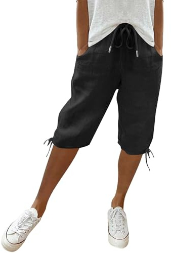 Sommerhose Damen Leicht Sommer Einfarbig Kurze Hosen Leinenhose Mit Kordelzug Casual Pants Hohe Taille Caprihose Stoffhose Bequeme Freizeithose Frauen Elegant Loose Fit Strandhose Outdoorhose