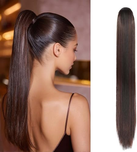 Cybelleza Ponytail Extensions Zopf Pferdeschwanz Haarteil Glatt Lang 55cm Claw Clip in Haarverlängerung Kunsthaare Synthetik Haarverlängerung Zopf Extension für Frauen, Dunkelbraun & Kastanienbraun