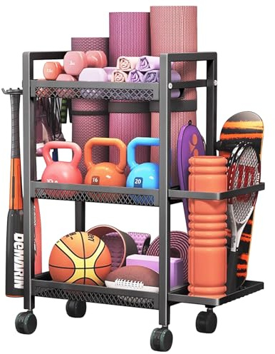 Hantelständer mit Rollen, 3 Ebenen Yogamatten Regal & Hantelablage, Homegym | Home Gym, Hantelständer ,Fitnessgeräte Ständer für Kurzhanteln, Kettlebells, Schaumstoffrollen, Robuster Gym Organizer