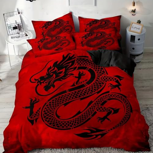 BJCJGGL Bettwäsche 135x200 Roter Drache mit 2 Kopfkissenbezug 80x80 cm | Reißverschluss Schließung, Mikrofaser, Weich Atmungsaktiv, Für Kinder Mädchen