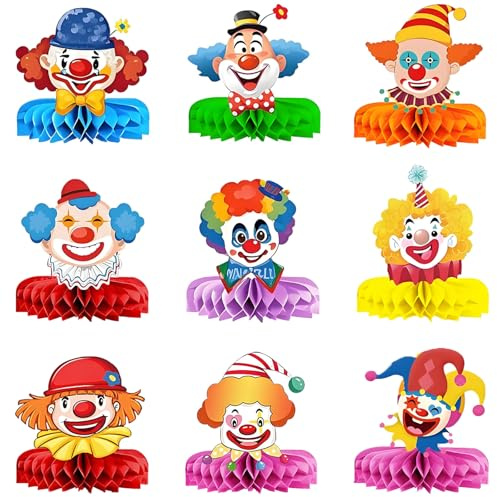 Clown Tischdeko Karneval, 3D Clown Wabenbälle Tischdekoration Faschingsdeko Bunte Party Mittelstücke Dekoration, Bienenwaben Tischdekoration für Karneval, Fasching, Fasnacht, Zirkus Deko (9Pcs)