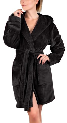 WAZHAKU Accappatoio da donna corto in spugna con cappuccio, caldo, a maniche lunghe, morbido, morbido, tinta unita, vestaglia per autunno e inverno, in pile con tasche