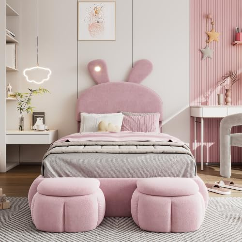 gonew21 Märchenhaftes Hasenohren-Kinderbett 90x200 cm – Rosa Samt-Polsterbett mit LED-Licht, inkl. 2 Aufbewahrungshocker & Holzlattenrost, verstellbares Kopfteil, Kuscheliges Einzelbett