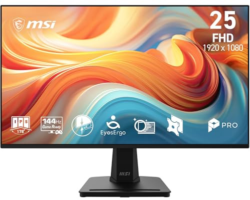 MSI PRO MP251 E14L 24,5 Zoll FHD 1920x1080, Computermonitor IPS, 144Hz, 1ms, Adaptive-Sync, Augenpflege, HDMI 1.4b, rahmenlos, neigungsverstellbar, VESA-Halterung, schwarz
