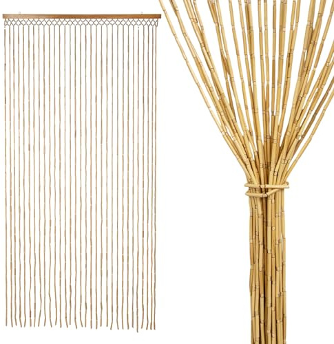 Holzperlen Türvorhang mit 31 Strängen 180 x 90 cm - Natur - Retro Perlenvorhang im Boho Chic Design - Holzperlenvorhang Fliegenvorhang Raumteiler Deko Tür Wand Fransen Perlen Vorhang