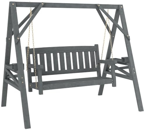 Outsunny Hollywoodschaukel Holz 2-Sitzer 183 x 120 x 160cm Grau | Holzschaukel mit Ablagen, Schaukelbank bis 250kg belastbar, Gartenschaukel für Garten, Terrasse
