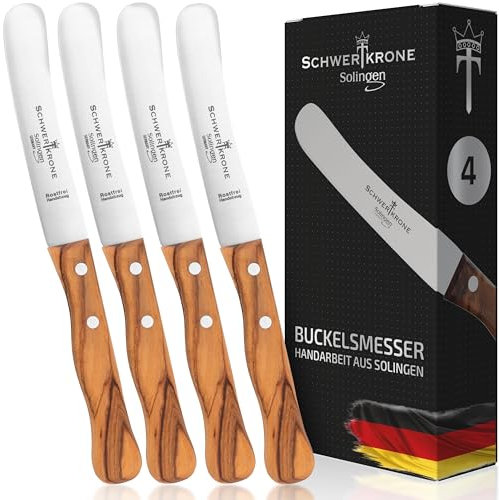 Schwertkrone Juego de 4 cuchillos Buckelsmesser – El original cuchillo de desayuno de Solingen – Acero inoxidable, Dwünschliff, madera de olivo – Cuchillo para panecillos