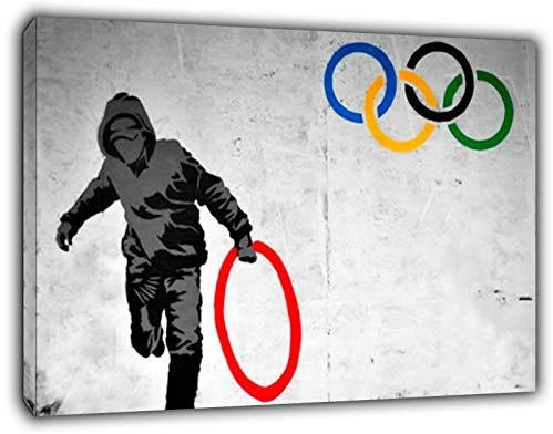 ARTSPRINTS Banksy Olympic Rings Thug Reprint on Framed Canvas Wall Art Home Decoration 24 x 16 inch(60x 40 cm) -38mm depth