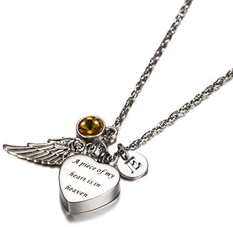 KnSam Jewelry A Piece of My Heart in Heaven Stainless Steel Heart Urn Necklace with Angel Wing, 26 Letters & 12 Birthstones Ashes Pendant Memorial Necklace- November E
