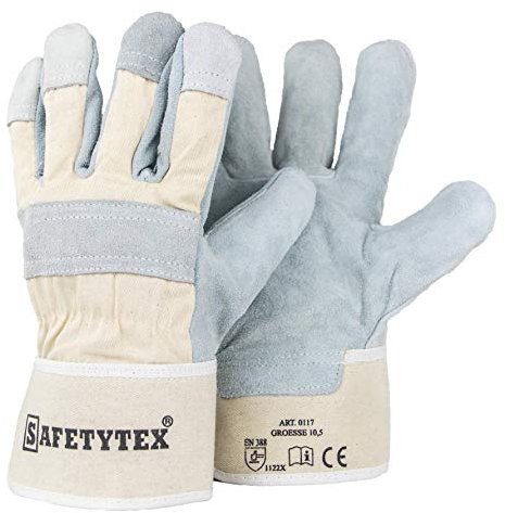 Safetytex Leder Arbeitshandschuhe - Rindspaltleder Handschuhe - Profi Rindspalt Handschuhe mit Canvas Stulpe - Verstärkte Fingerkuppen & Knöchelschutz - Größe 10,5 - Menge wählbar (3 Paar)