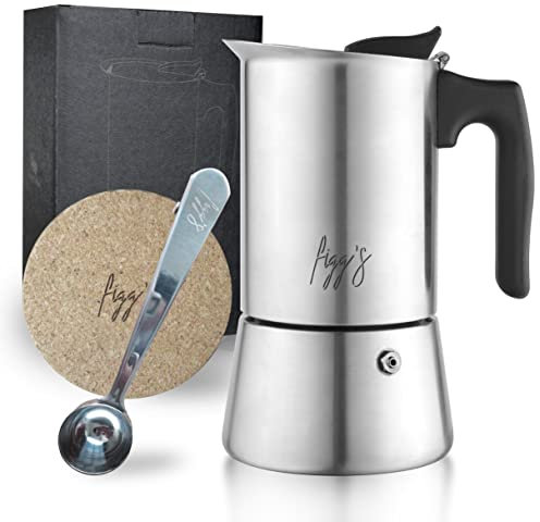 figg Caffettiera Italiana in acciaio inox - 200 ml espresso - 4 tazze - Anche per piastra a induzione - Con cucchiaio dosatore in acciaio inox, ricambi e borsa per il trasporto inclusi