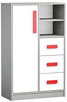 Furniture24 Kommod GIT 06 Hochkommode mit 3 Schubladen, 1 Tür, Mehrzweckschrank, Sideboard, Schubladenkommode für Jugendzimmer, Kinderzimmer (Anthrazit/Weiß/Rot)