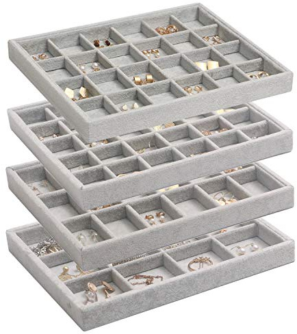DIOMMELL Set of 4 Stackable Velvet Jewelry Trays Organizer, Jewelry Display Storage Box Showcase Holder Dresser Drawer Organizer for Earring Necklace Bracelet Ring Accessary, Grey
