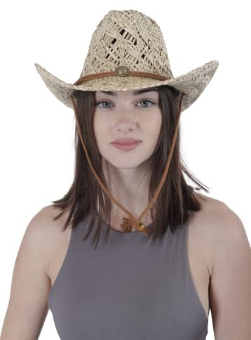 Chapeau de cowboy/cowgirl en paille cowboy panama avec bande occidentale/ouest unisexe taille unique homme femme été coachella plage style coachella brésilien Bohême Indiana Raphia naturel, XH-99,