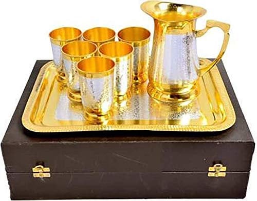 Modfash crafted Pure Brass Silver and Gold Plated Lemon Set Water Glass with Jug and Tray for Diwali Gift